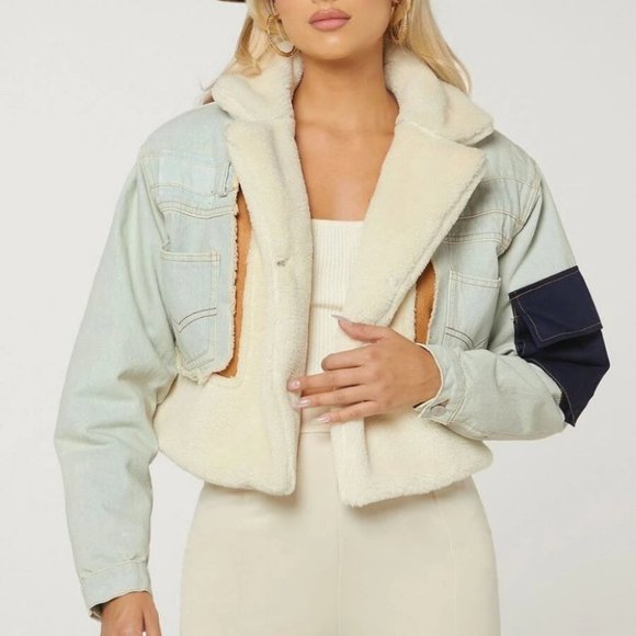 Mixed material  teddy & Denim Cropped Jacket boho - Picture 1 of 5